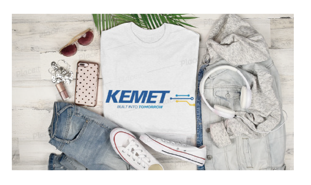 Image of shirt with KEMET logo surrounded by other items