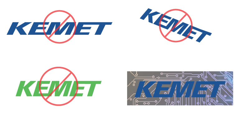 Visual showing ways in which it is prohibited to use KEMETs logo.