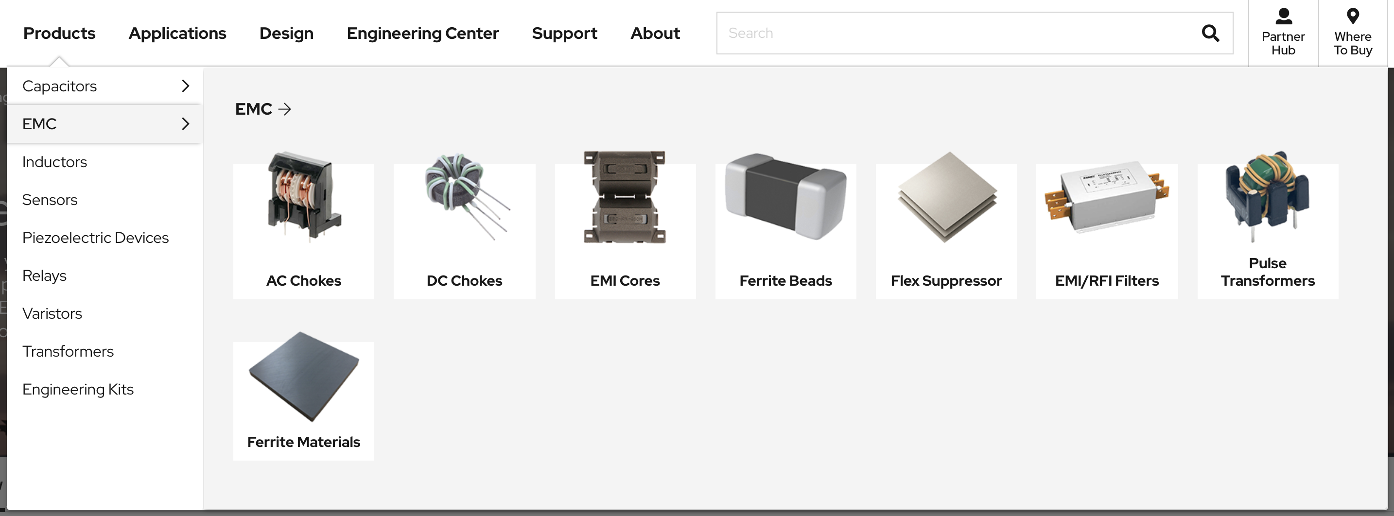 Screenshot of KEMET.com's main navigation with a drop-down menu showing cards.