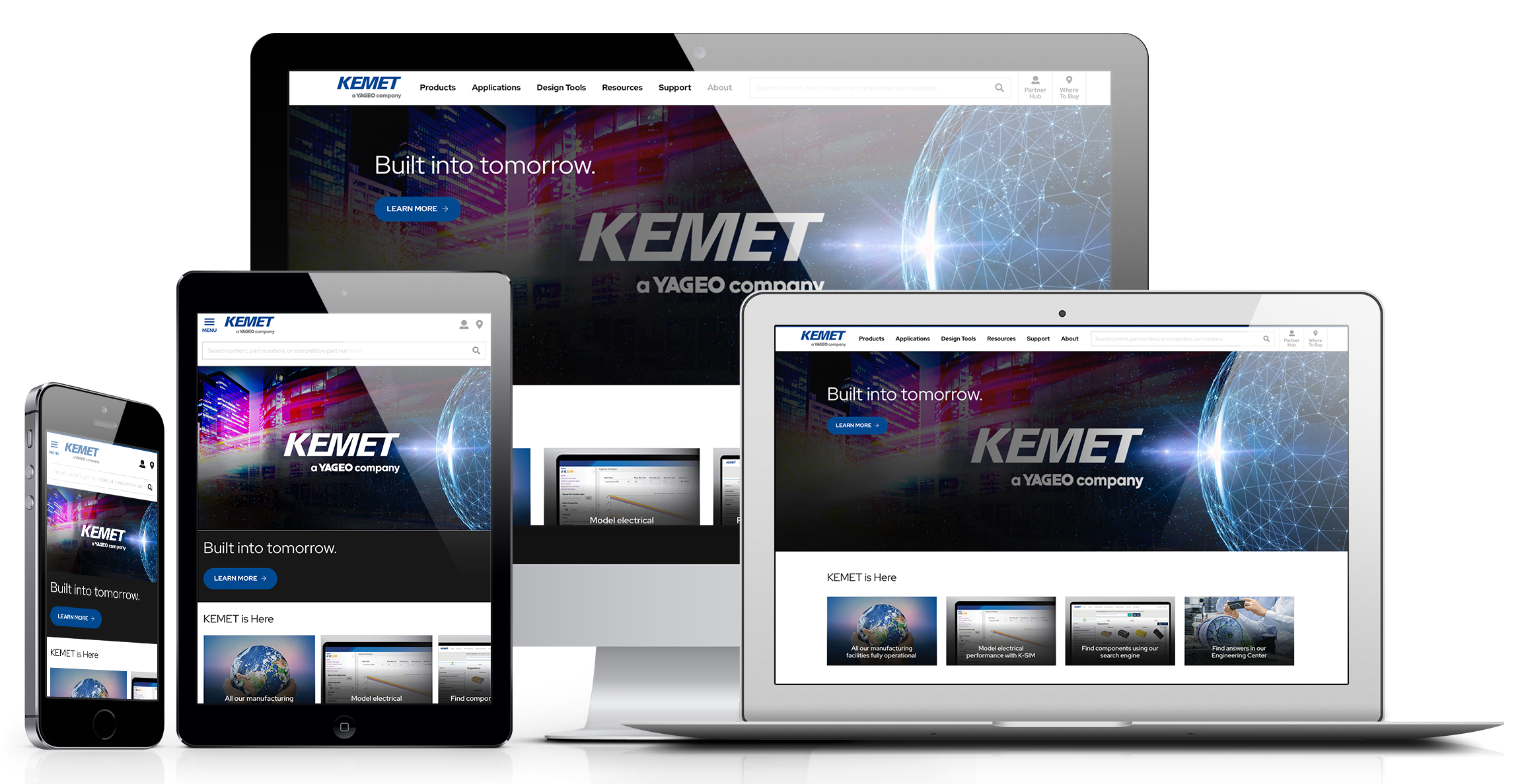 Image of KEMETs website accessible through various devices.